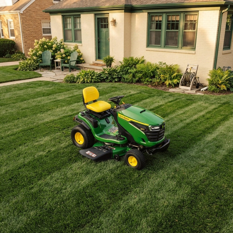 A John Deere S130 lawn tractor parked on a residential lawn with visible professional-grade grass stripes.