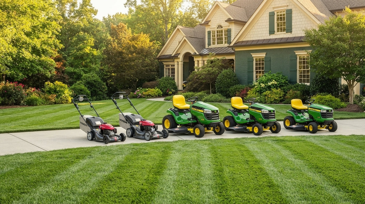 Honda and John Deere lawn mowers and tractors parked on a driveway in front of a home with a perfectly striped green lawn.