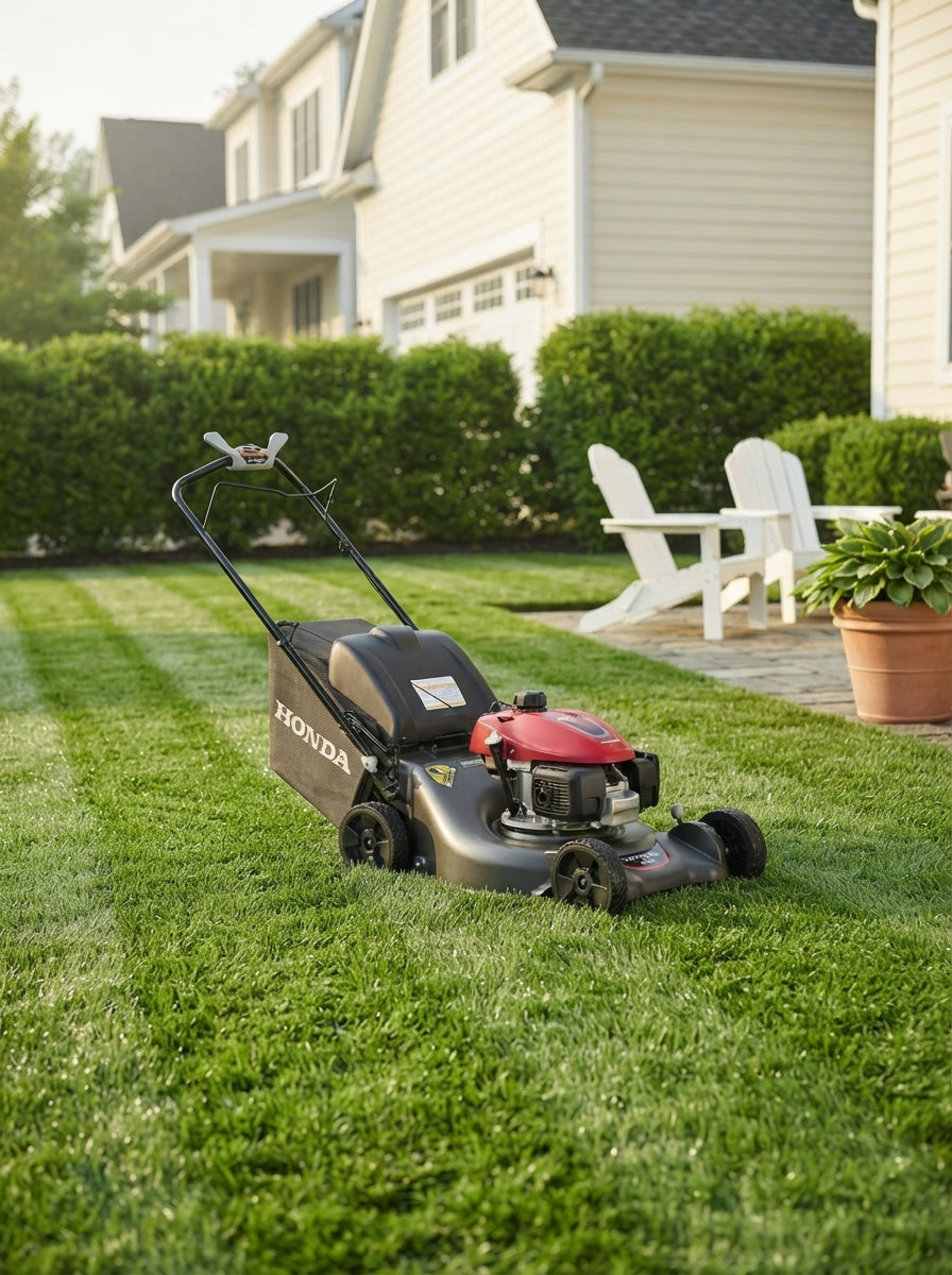 A Honda HRN216VKA lawn mower on a perfectly striped, professional-quality residential lawn in a sunny suburban backyard.