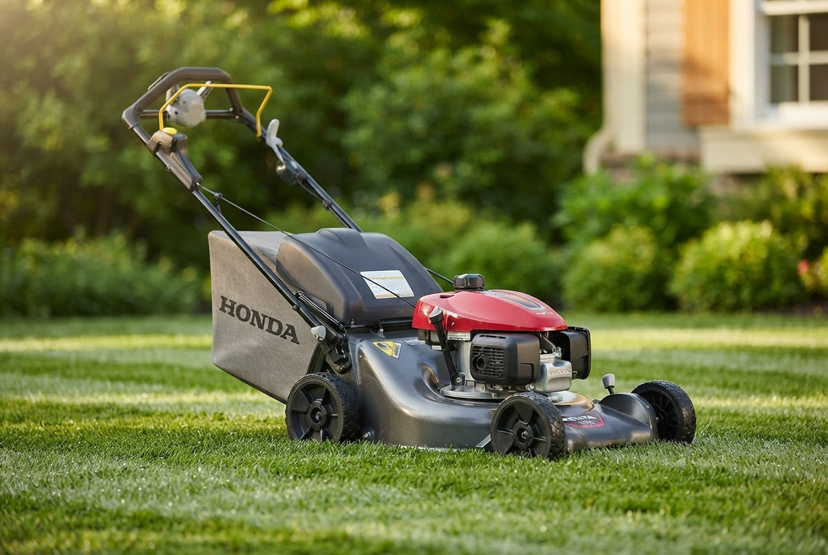 A Honda HRN216VKA walk-behind lawn mower on a neatly striped suburban lawn in a bright, sunny yard.