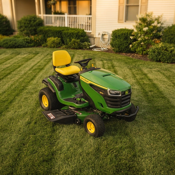 John Deere S130 lawn tractor parked on a perfectly striped, manicured residential lawn in a sunny backyard.